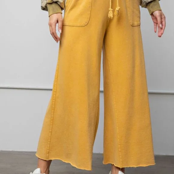 Easel Washed Terry Knit Wide Unfinished Trim Relaxed Mustard Pants - Picture 5 of 5